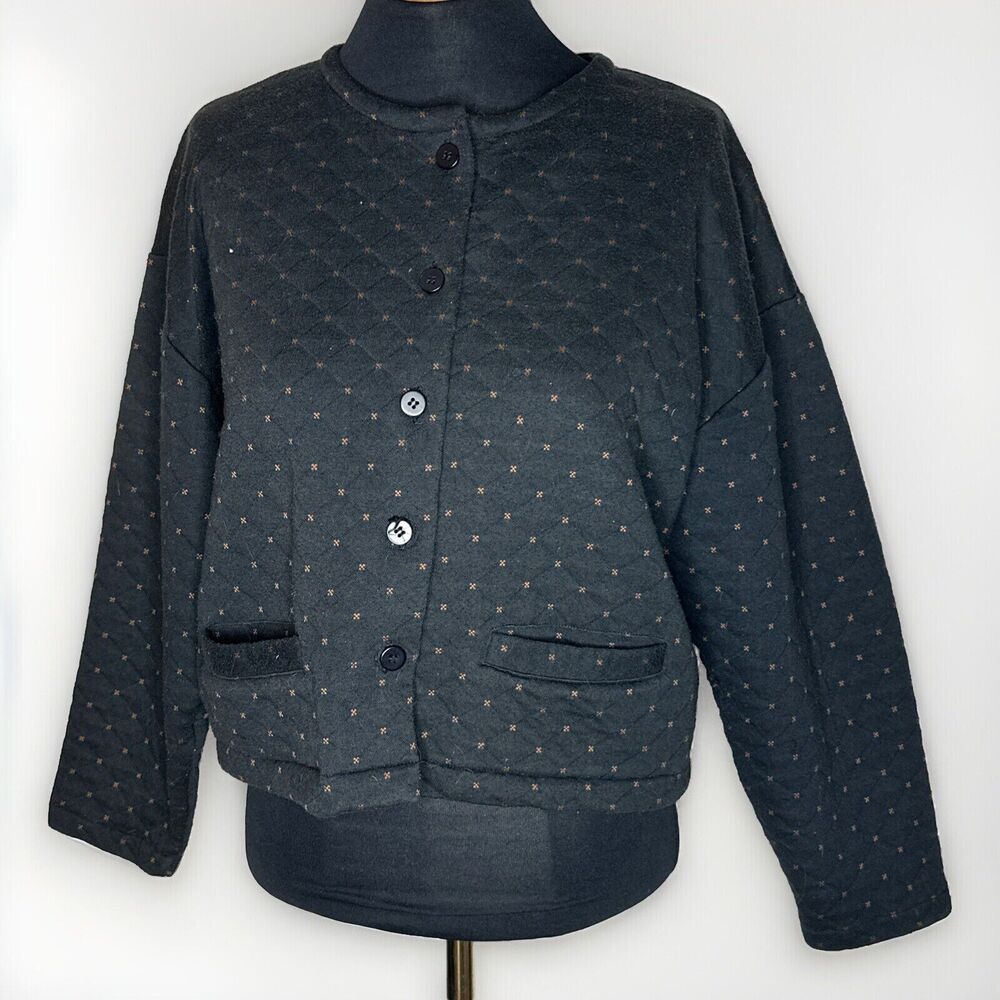 VTG Tarazzia Sport Quilted Button Cardigan Cropped Black Jacket M Grandmacore - Picture 3 of 10